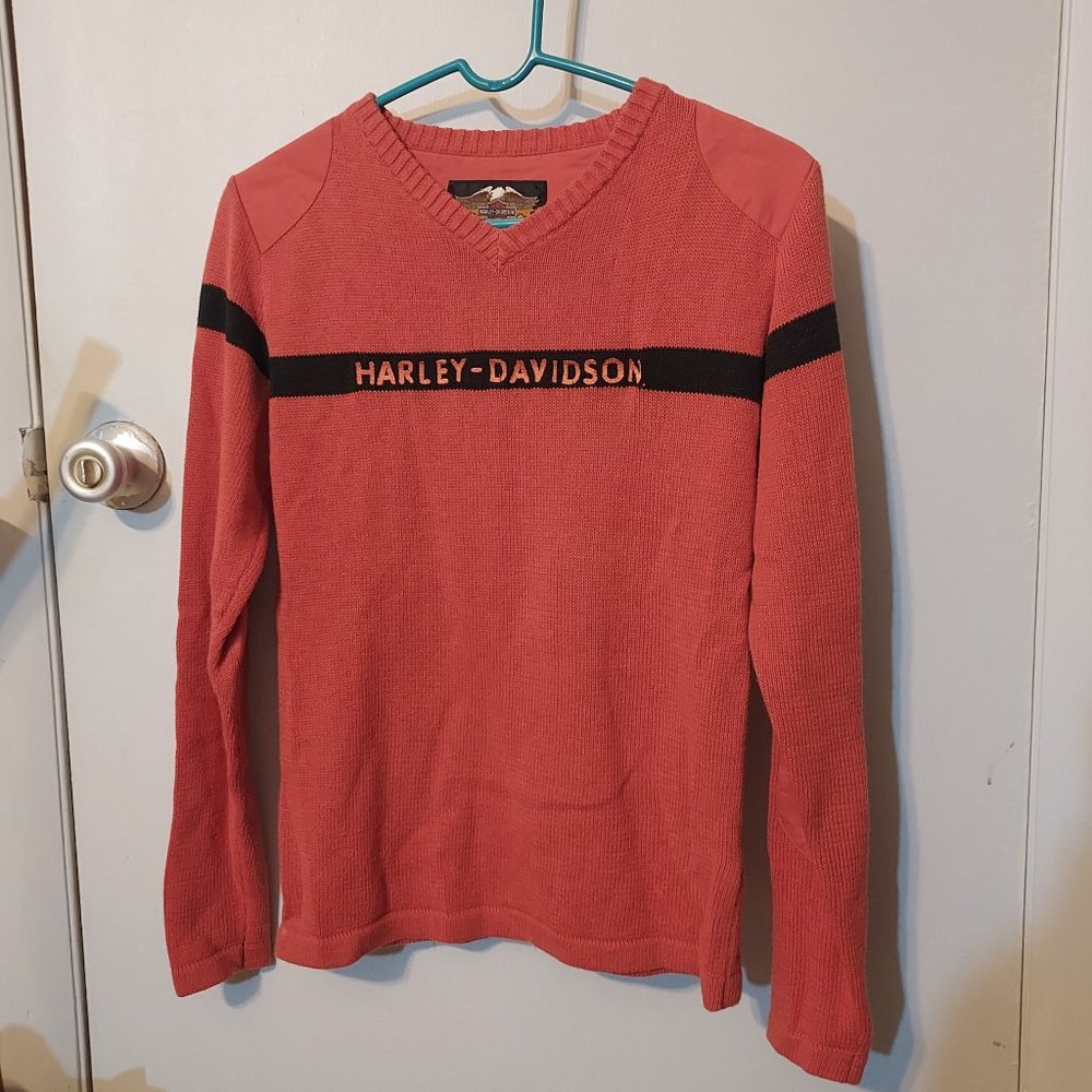 VINTAGE HARLEY DAVIDSON WOMEN'S ORANGE BLACK LOGO SPELL OUT KNIT SWEATER (XS)